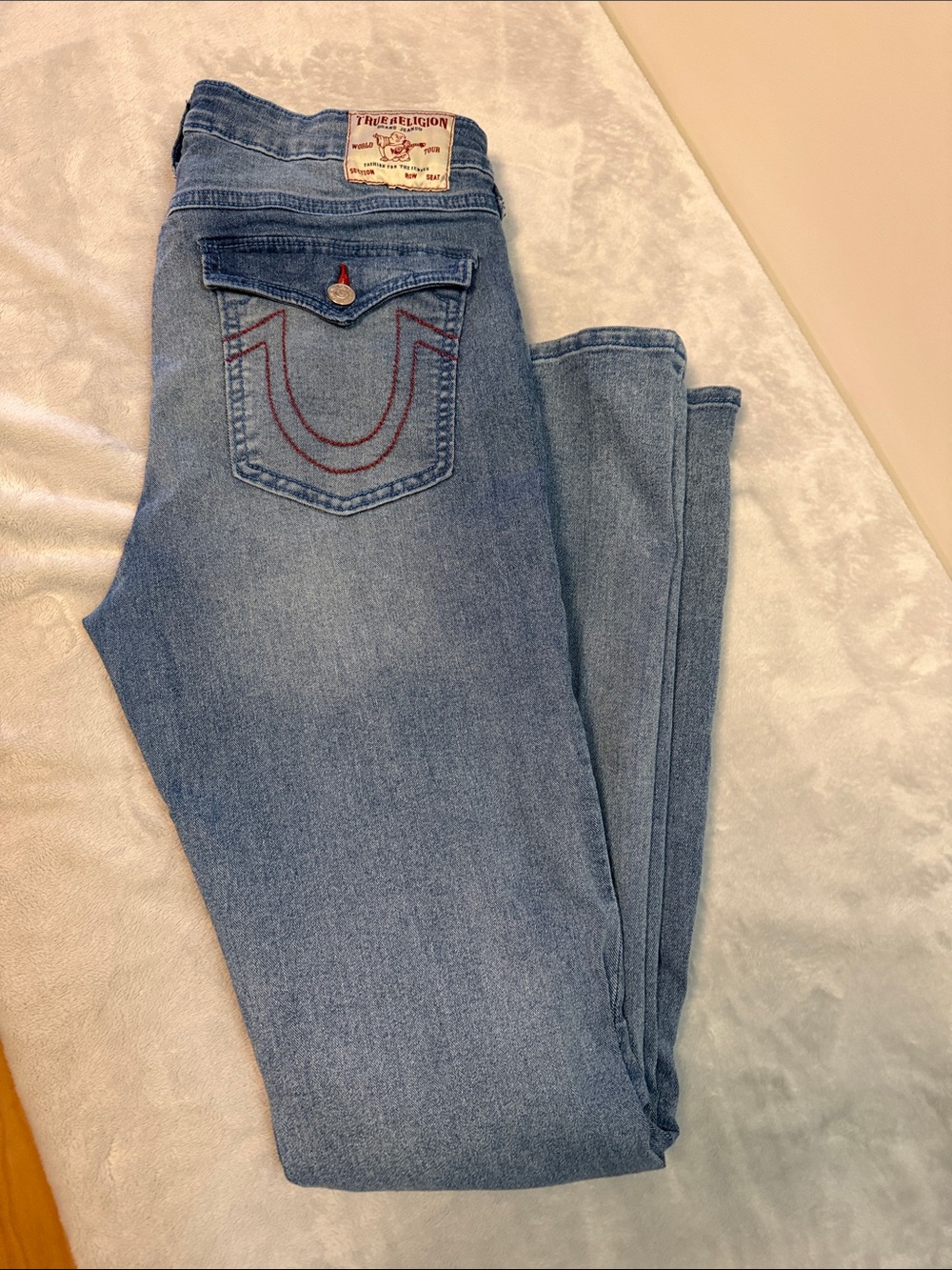 True Religion Women’s Light Wash Skinny Jeans with Red Stitching